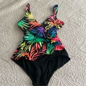 Vintage 1980s neon animal print one piece swimsuit. Made in the USA Catalina